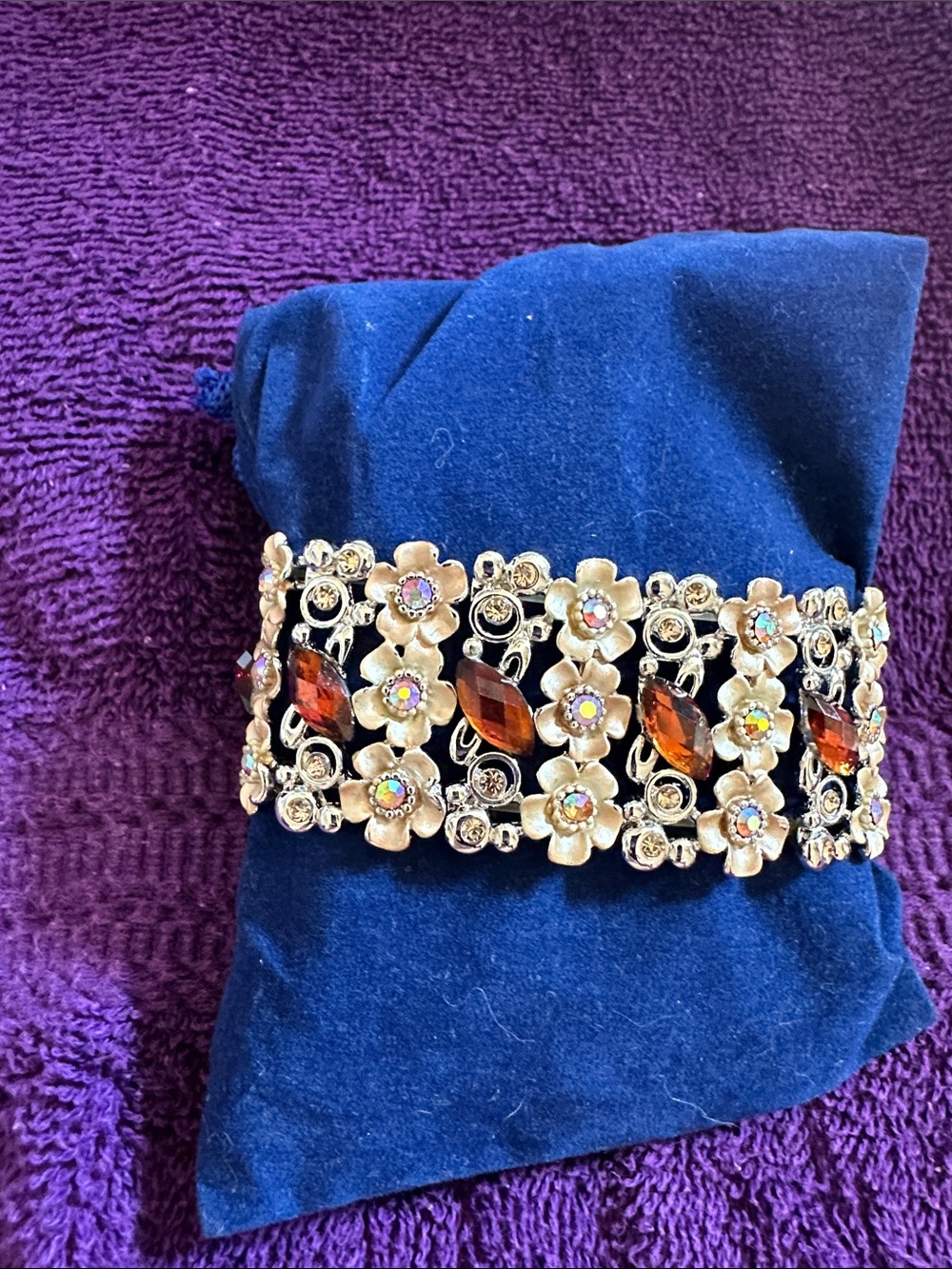 Silver and Gold-Tone Floral Bracelet with Amber Marquise Stones